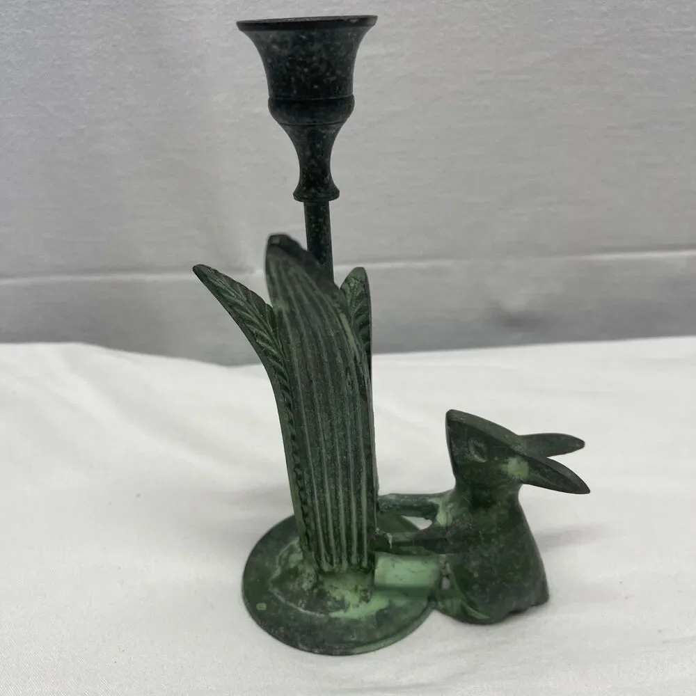 Vintage Cast Metal Rabbit Bunny Candleholder w/ Leaves 7